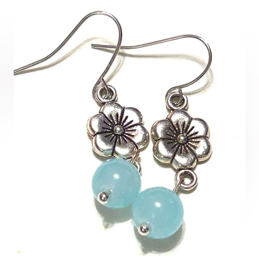 Silver Flower With Blue Stone Beads Earrings - Picture 2 of 4